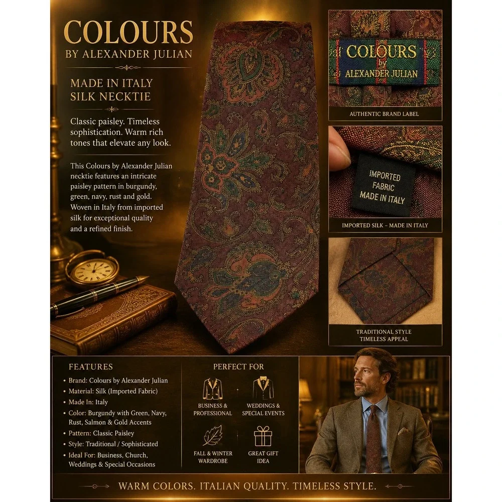 Colours by Alexander Julian Men's Silk Paisley Tie Burgundy Green Made in Italy